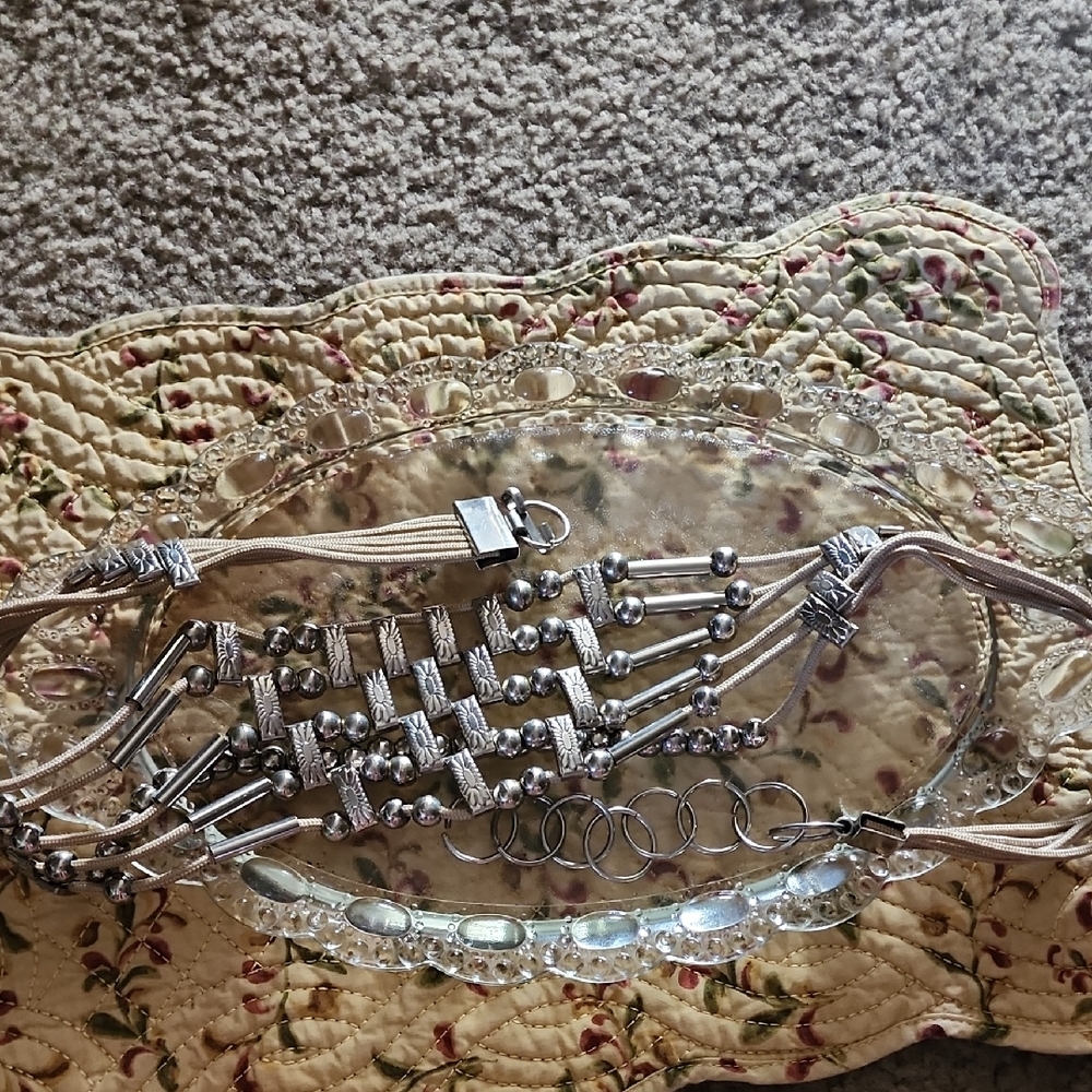 Silver Beaded Belt with Geometric Design